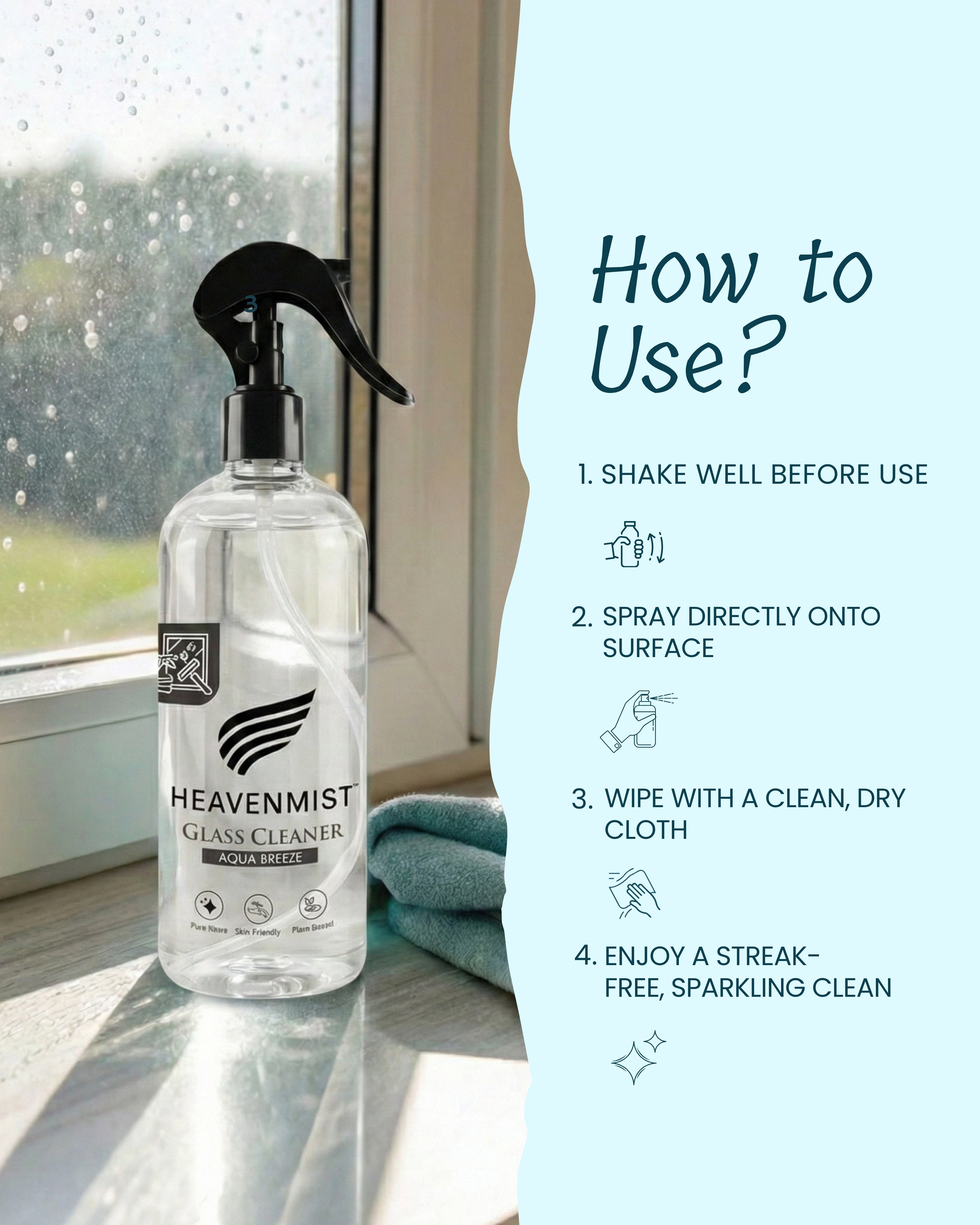 Heavenmist Natural Plant-Based Glass Cleaner 500 ml | Non-Toxic Streak-Free Window & Mirror Cleaner | Low Odour, No Ammonia | Removes Fingerprints, Grease & Water Marks