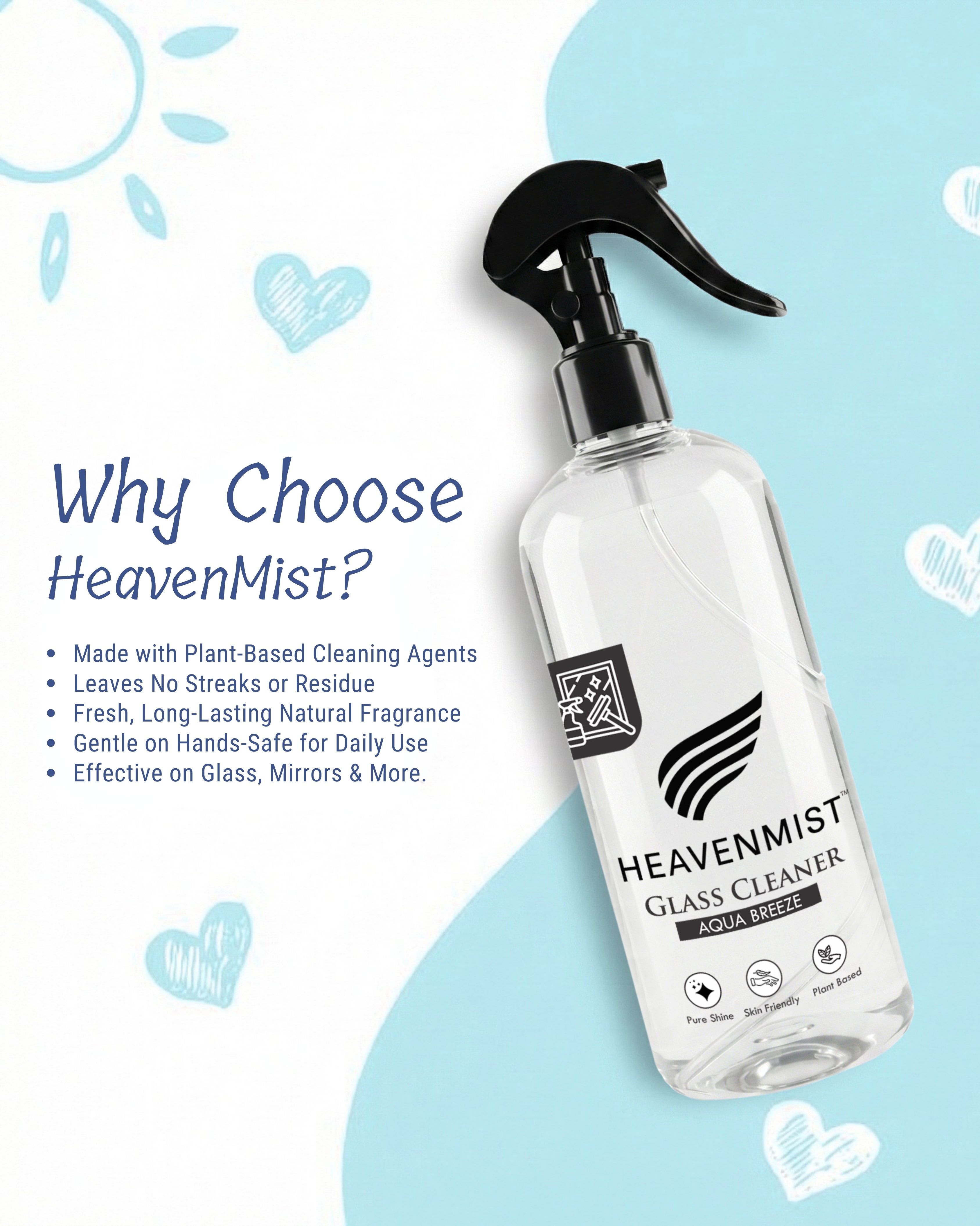 Heavenmist Natural Plant-Based Glass Cleaner 500 ml | Non-Toxic Streak-Free Window & Mirror Cleaner | Low Odour, No Ammonia | Removes Fingerprints, Grease & Water Marks