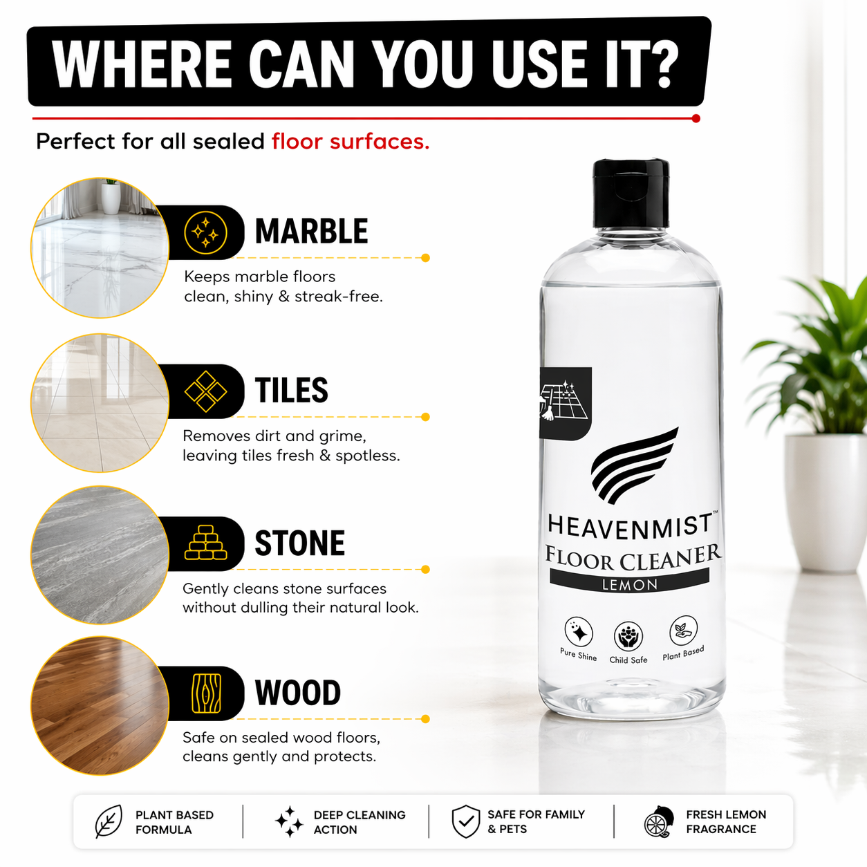 Heavenmist Floor Cleaner – Plant-Based Deep Cleaning Liquid with Fresh Lemon Fragrance | Safe for Marble, Tiles, Stone & Wood | Child & Pet Safe | 500ml