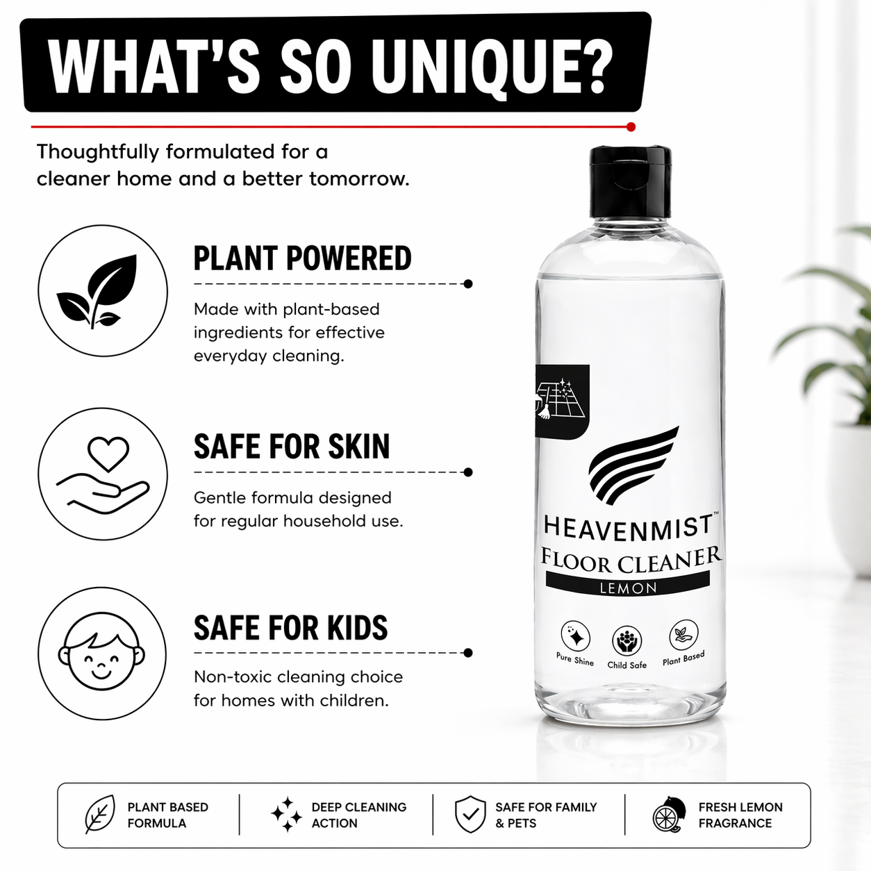 Heavenmist Floor Cleaner – Plant-Based Deep Cleaning Liquid with Fresh Lemon Fragrance | Safe for Marble, Tiles, Stone & Wood | Child & Pet Safe | 500ml