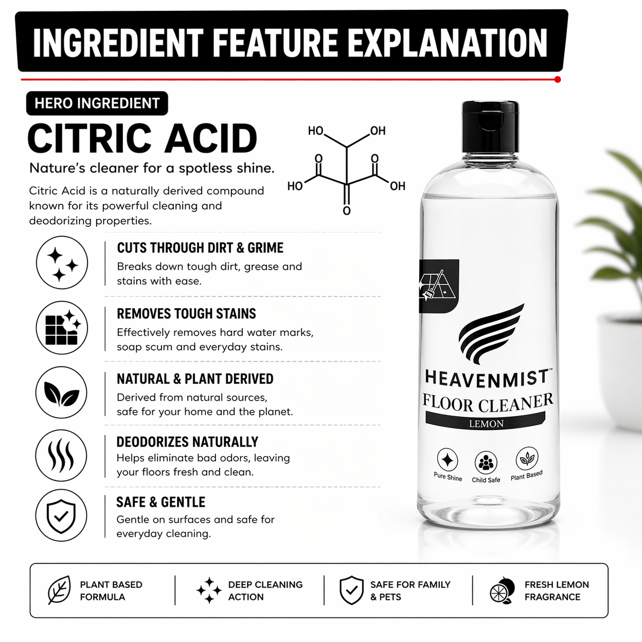 Heavenmist Floor Cleaner – Plant-Based Deep Cleaning Liquid with Fresh Lemon Fragrance | Safe for Marble, Tiles, Stone & Wood | Child & Pet Safe | 500ml