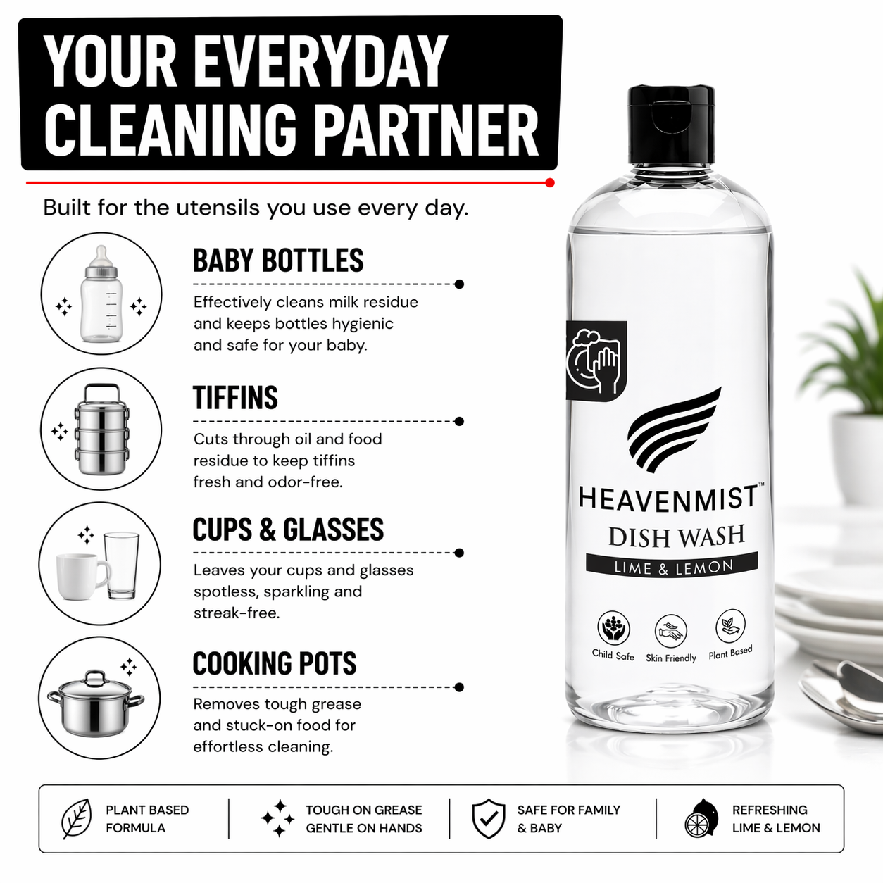Heavenmist Dish Wash Liquid – Plant-Based Grease Cutting Dishwash with Lime & Lemon | Child Safe, Skin-Friendly, Sulphate-Free