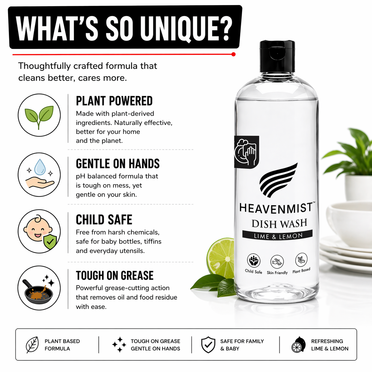 Heavenmist Dish Wash Liquid – Plant-Based Grease Cutting Dishwash with Lime & Lemon | Child Safe, Skin-Friendly, Sulphate-Free