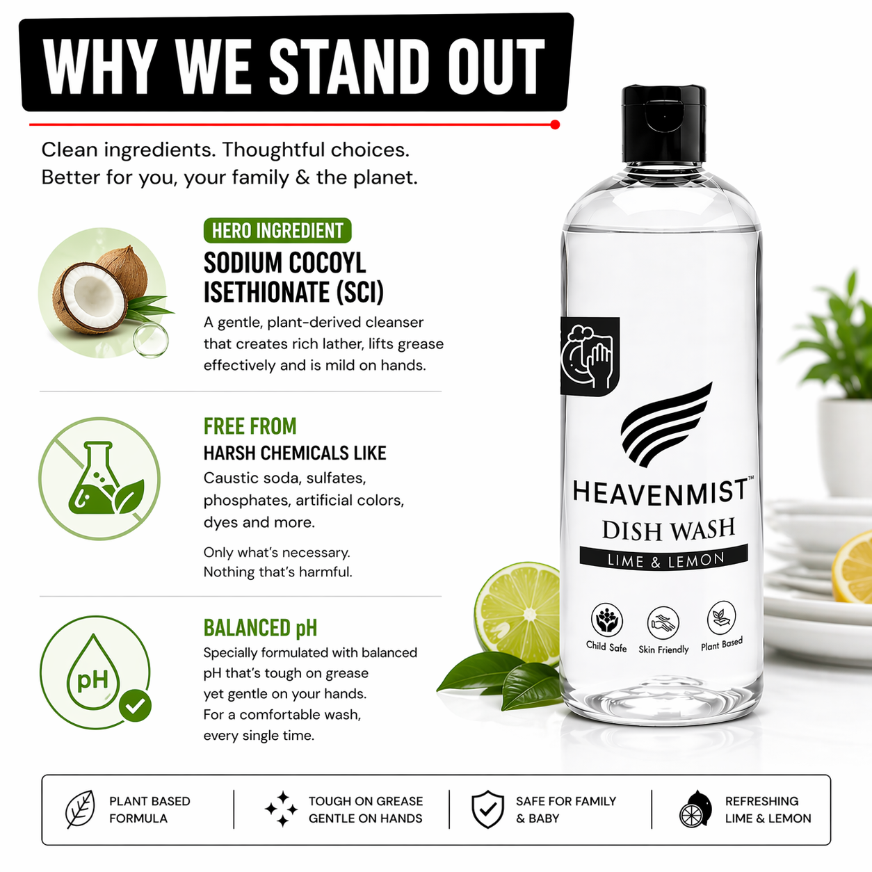Heavenmist Dish Wash Liquid – Plant-Based Grease Cutting Dishwash with Lime & Lemon | Child Safe, Skin-Friendly, Sulphate-Free