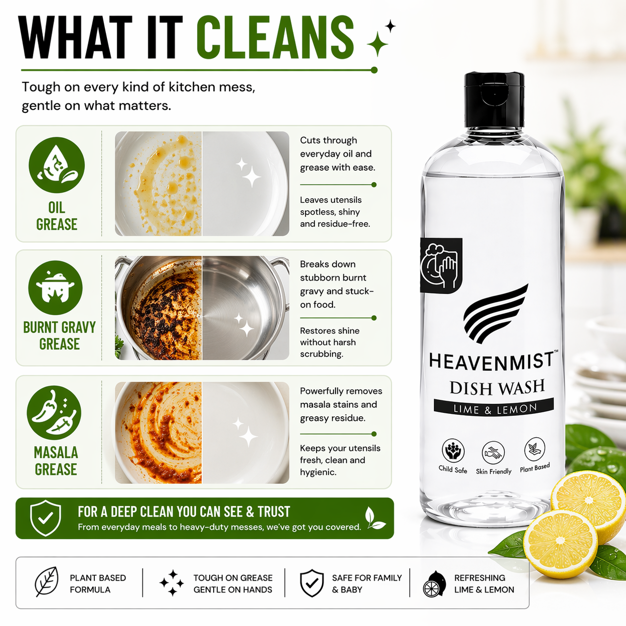 Heavenmist Dish Wash Liquid – Plant-Based Grease Cutting Dishwash with Lime & Lemon | Child Safe, Skin-Friendly, Sulphate-Free