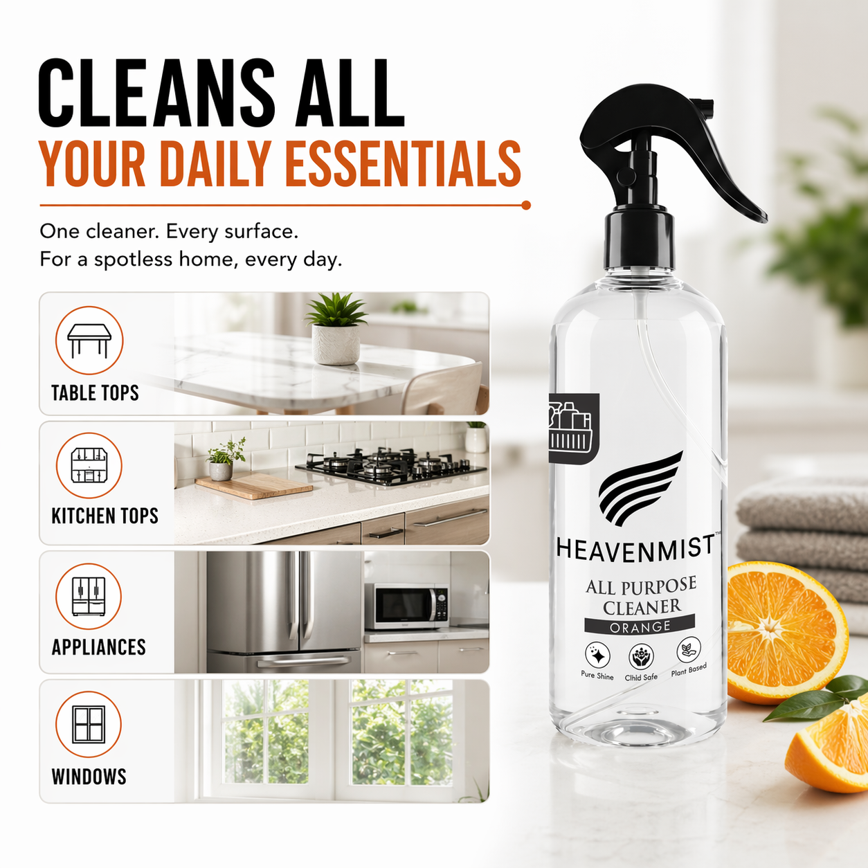 Heavenmist All Purpose Cleaner – Plant-Based Streak-Free Surface Spray with Fresh Orange Fragrance | Child Safe, Toxin-Free | 500ml