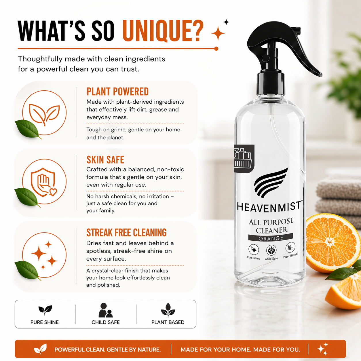 Heavenmist All Purpose Cleaner – Plant-Based Streak-Free Surface Spray with Fresh Orange Fragrance | Child Safe, Toxin-Free | 500ml