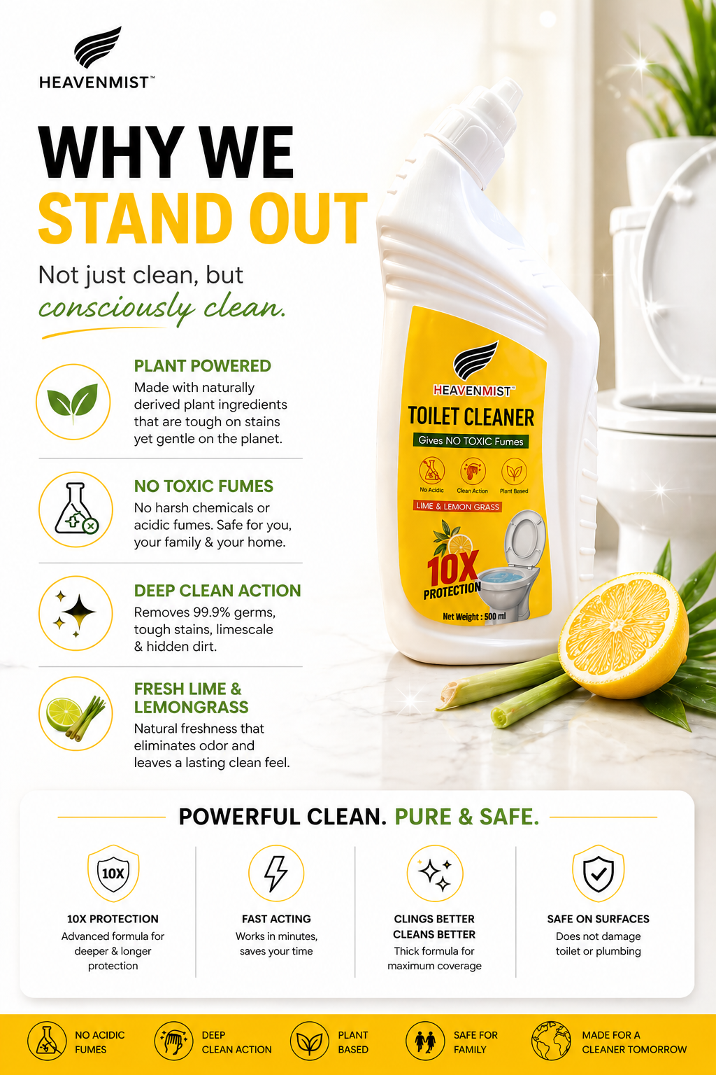 Heavenmist Plant-Based Toilet Cleaner – No Toxic Fumes | 10X Deep Clean Action | Removes Limescale, Yellow Stains & Odor | Lime & Lemongrass Fragrance | 500ml