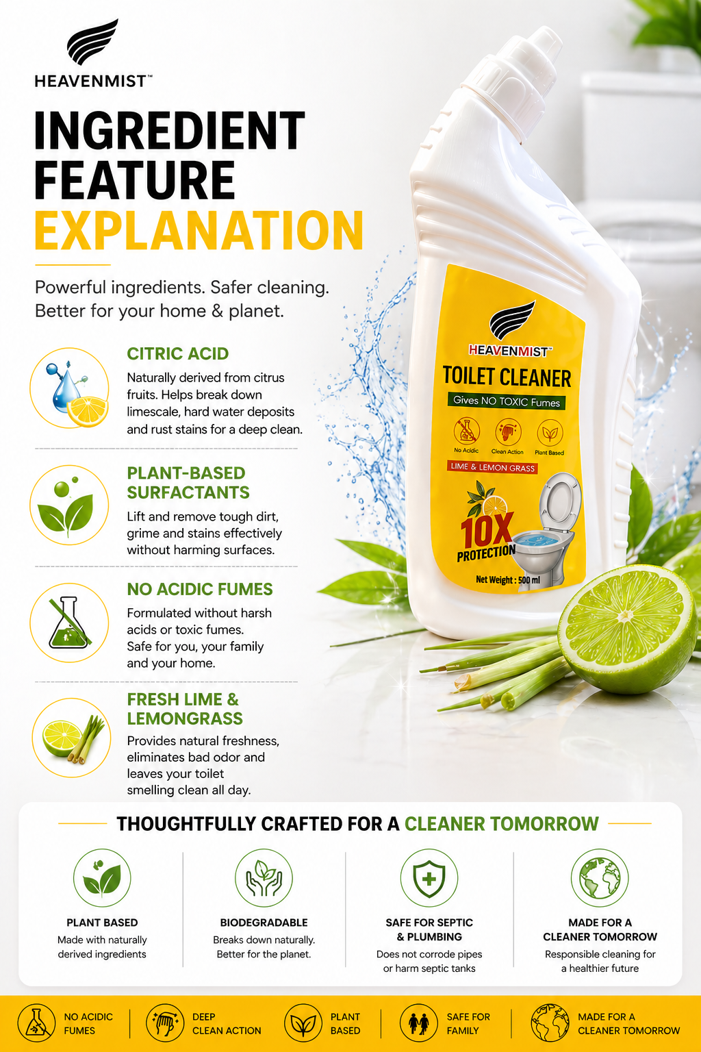Heavenmist Plant-Based Toilet Cleaner – No Toxic Fumes | 10X Deep Clean Action | Removes Limescale, Yellow Stains & Odor | Lime & Lemongrass Fragrance | 500ml