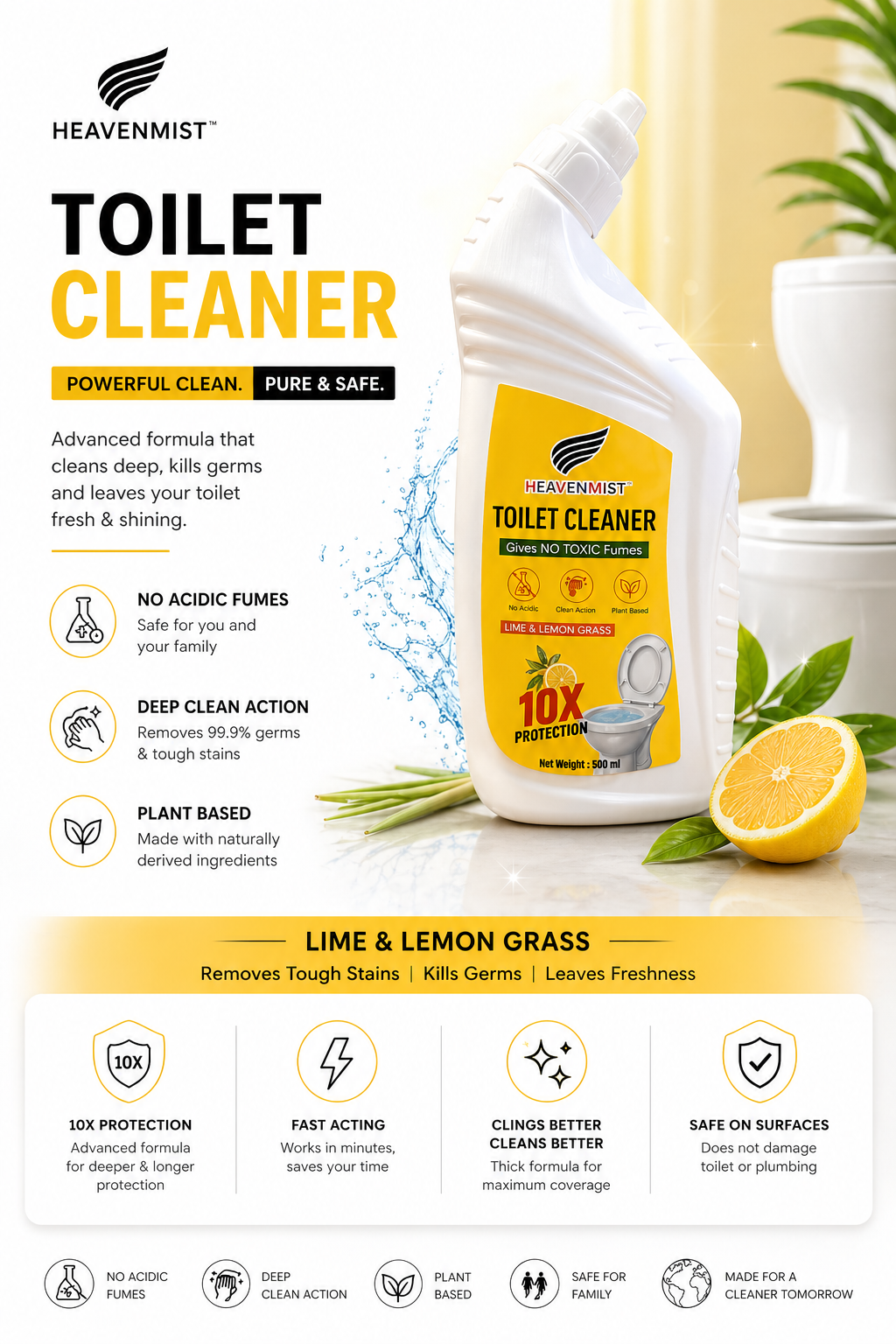 Heavenmist Plant-Based Toilet Cleaner – No Toxic Fumes | 10X Deep Clean Action | Removes Limescale, Yellow Stains & Odor | Lime & Lemongrass Fragrance | 500ml