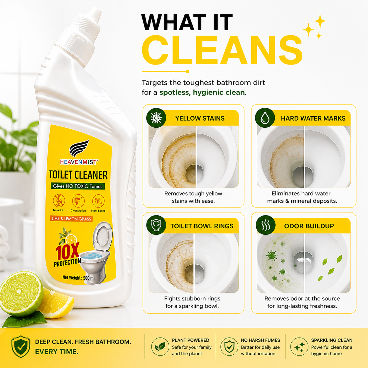 Heavenmist Plant-Based Toilet Cleaner – No Toxic Fumes | 10X Deep Clean Action | Removes Limescale, Yellow Stains & Odor | Lime & Lemongrass Fragrance | 500ml