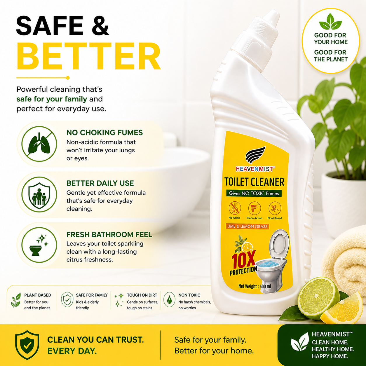 Heavenmist Plant-Based Toilet Cleaner – No Toxic Fumes | 10X Deep Clean Action | Removes Limescale, Yellow Stains & Odor | Lime & Lemongrass Fragrance | 500ml